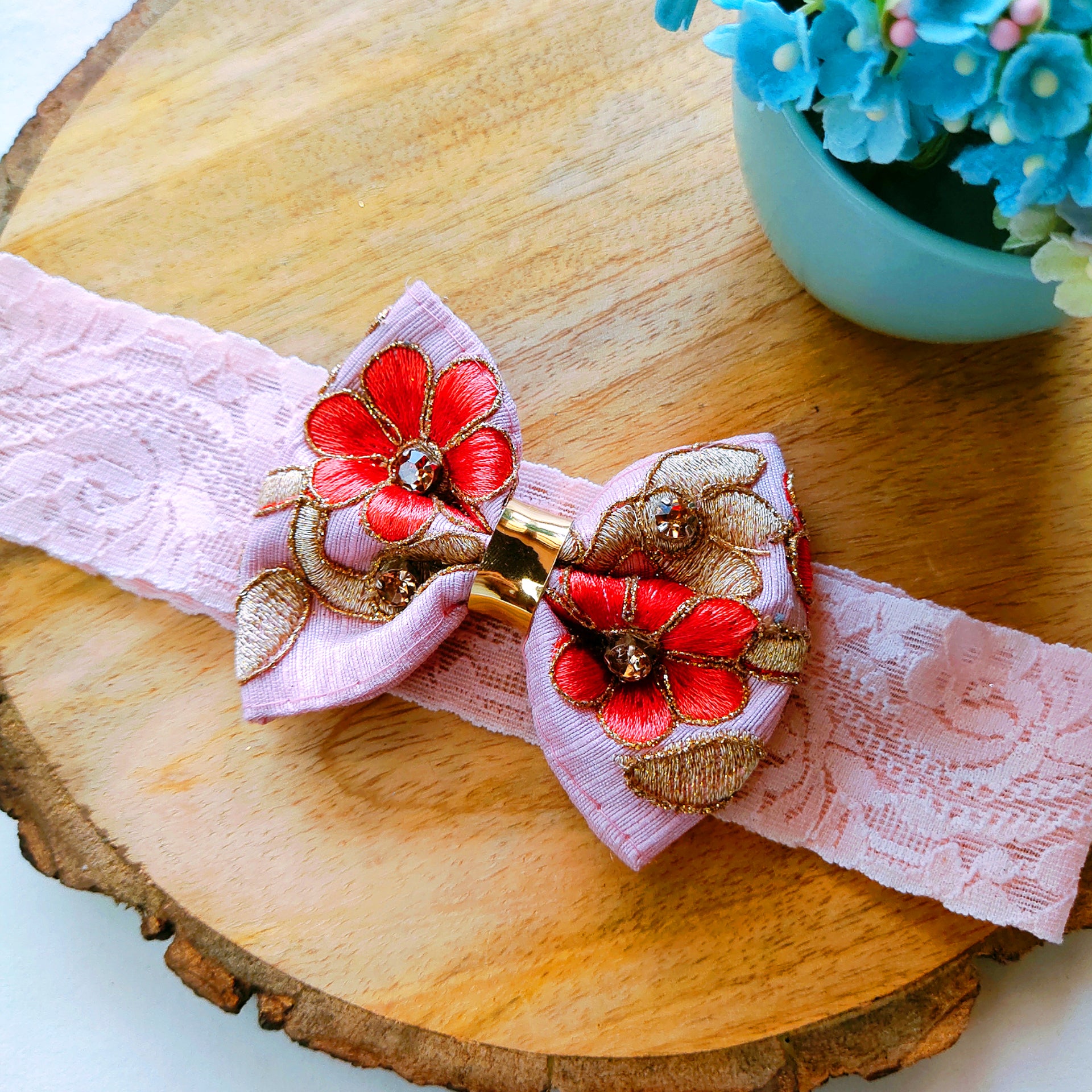 Light Pink Embroidery Bow Broad Lace Headband