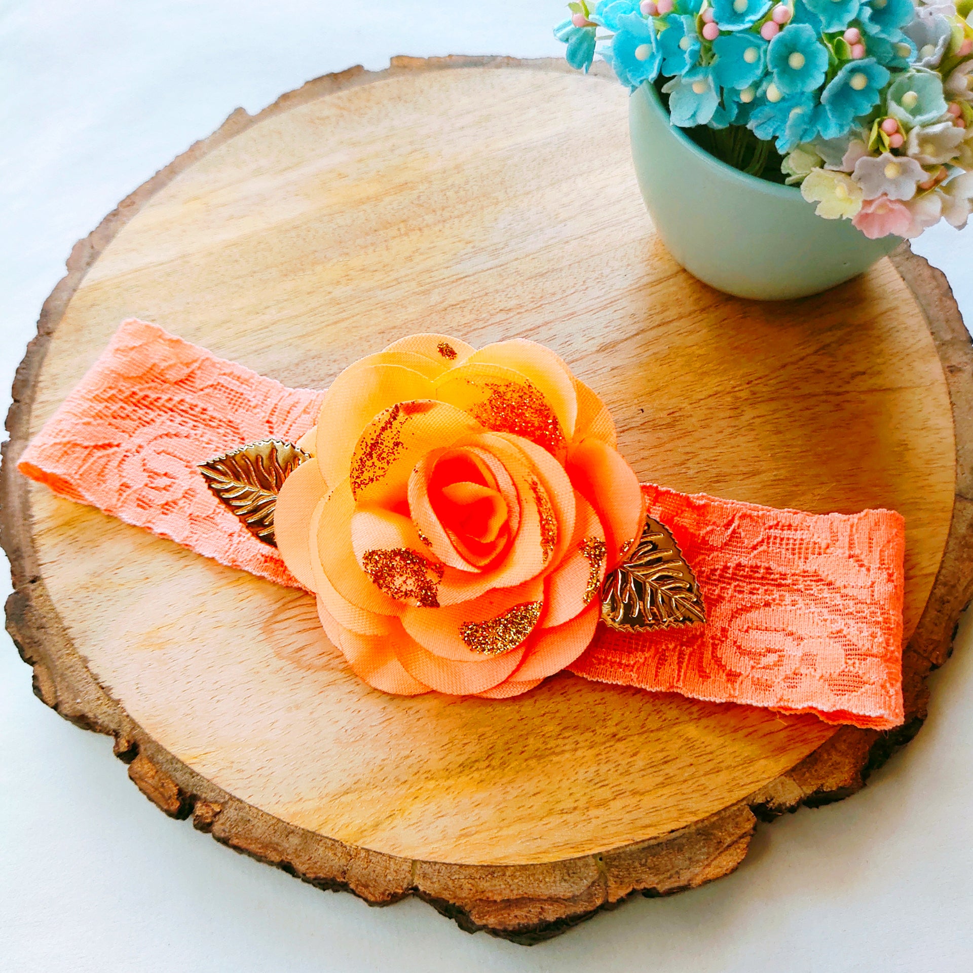 Peach Rose Flower Broad Lace Headband