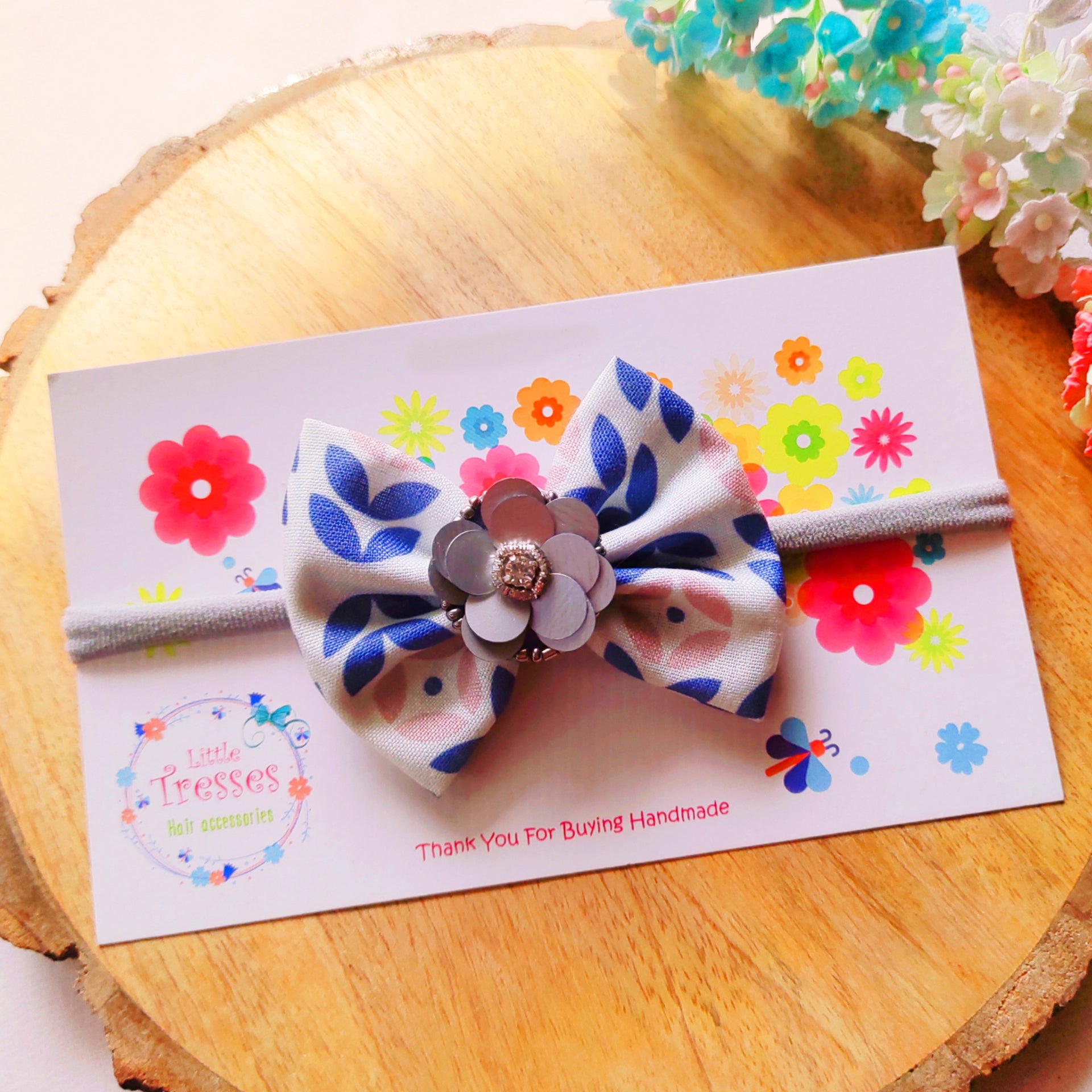 Wild Flower Headband - Grey/Gunmetal & Blue