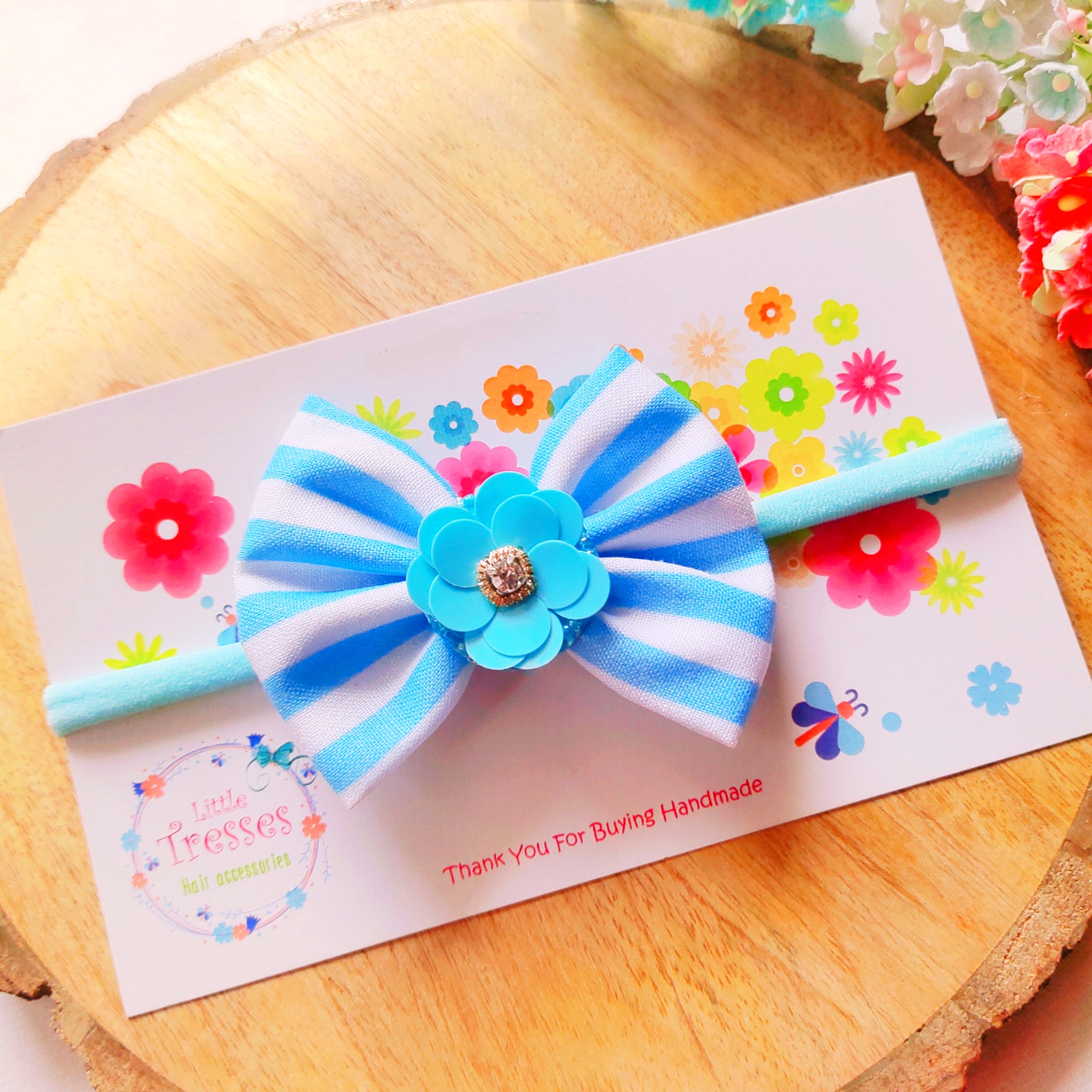 Stripes with Flower Headband - Blue & White