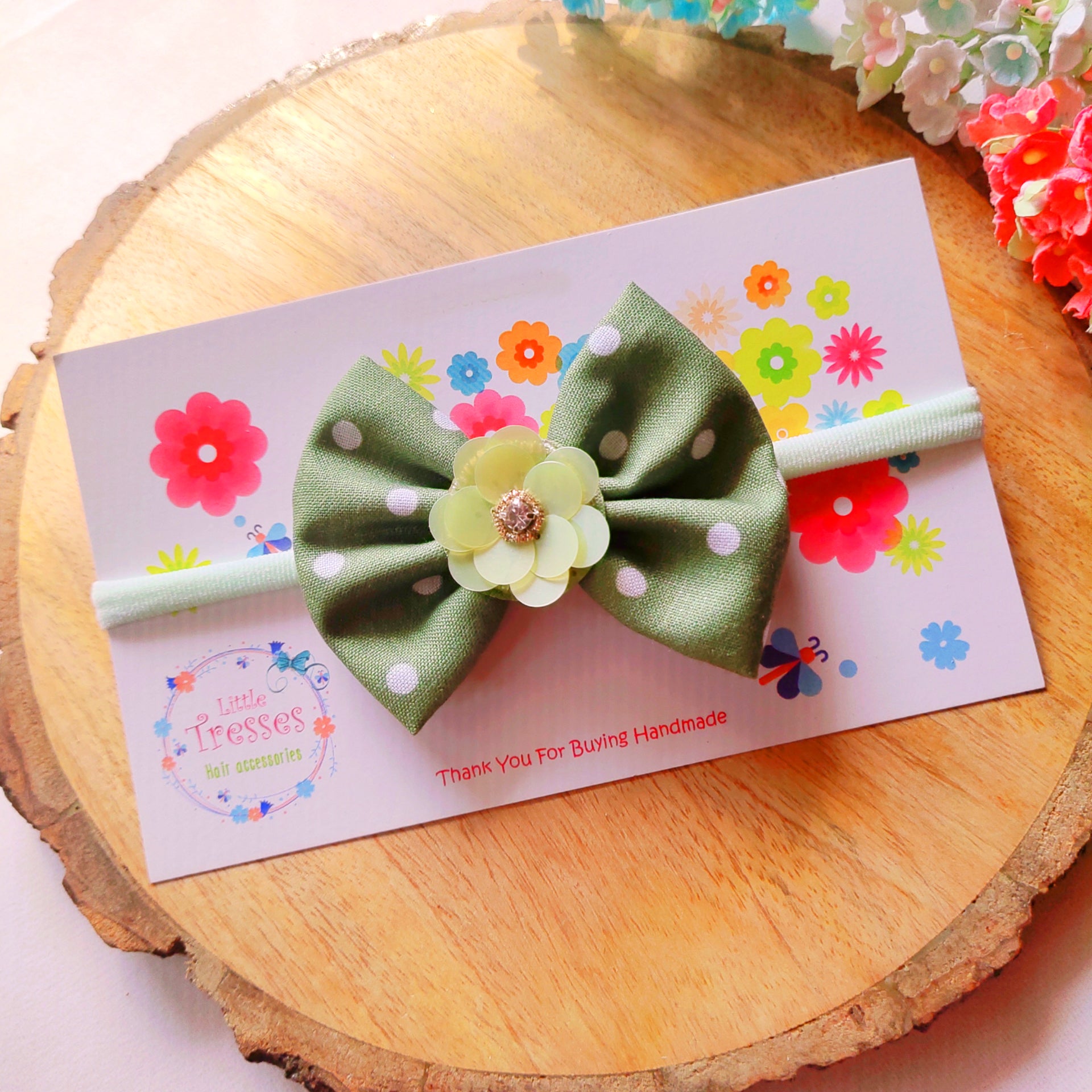 Dark Green Polka Dots with Flower Soft Headband