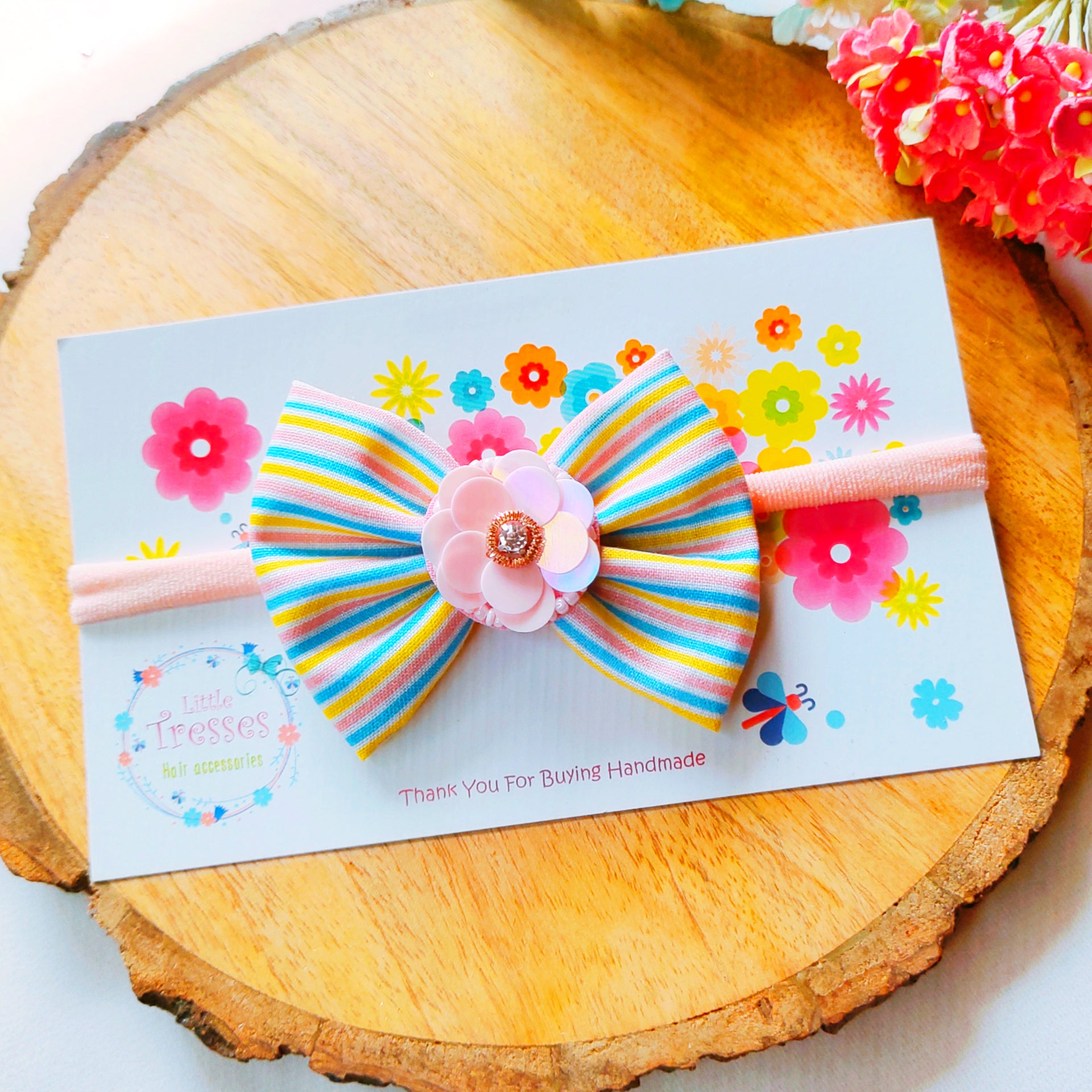 Stripes with Flower Headband - Light Pink