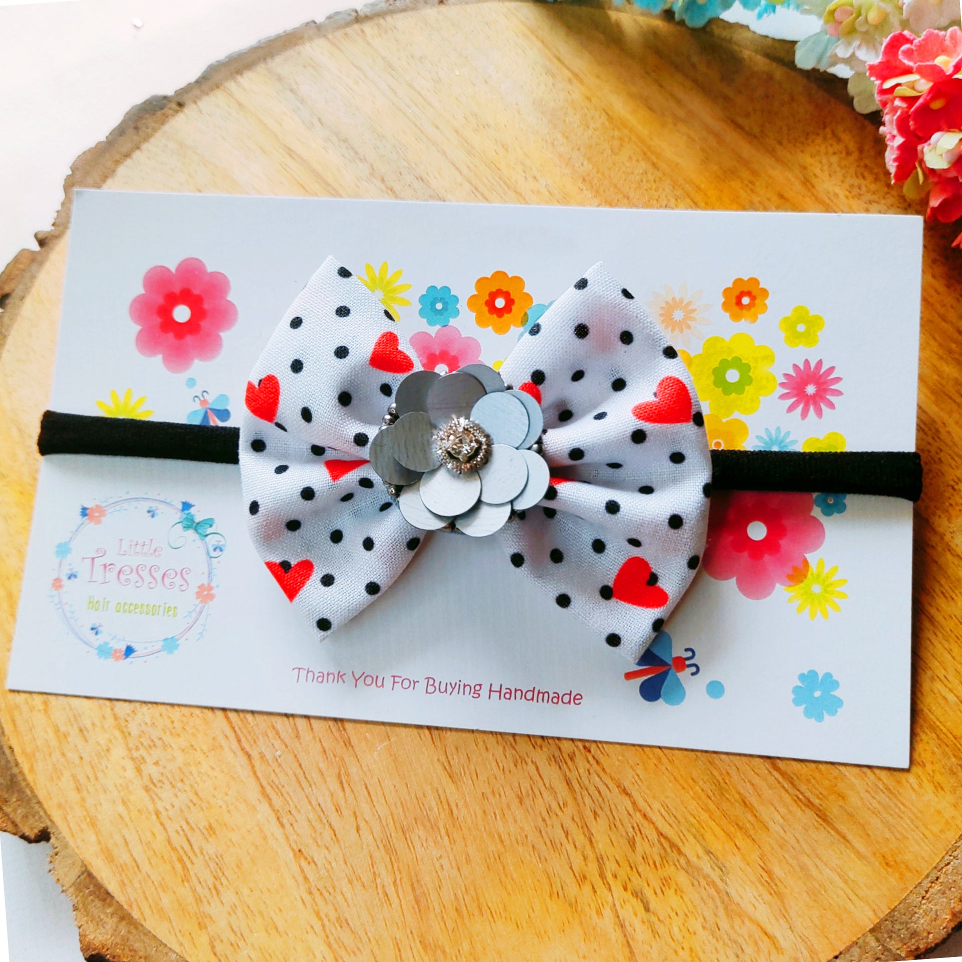 Red & Black Tiny Hearts with Flower Soft Headband
