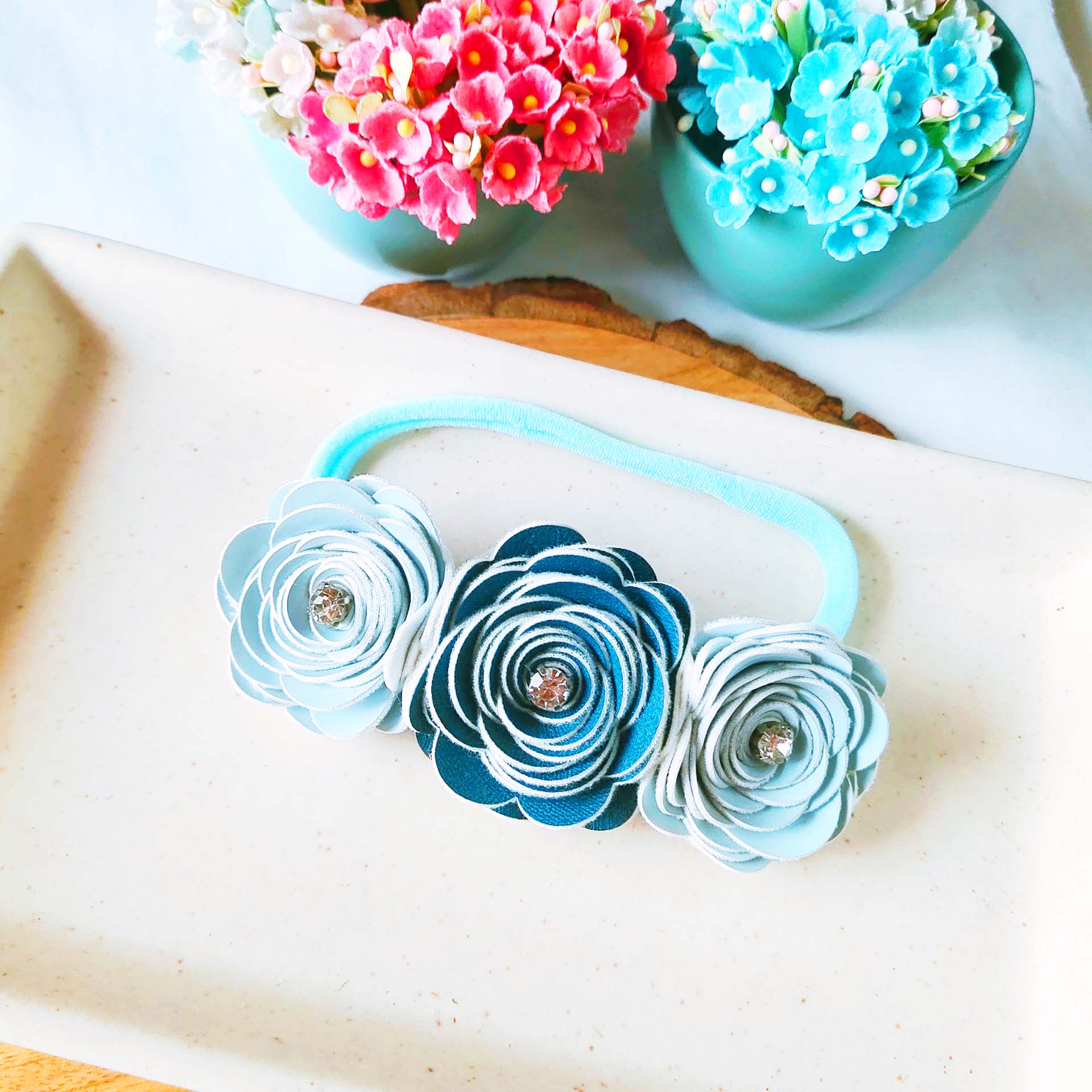 Blue Trio Flower Soft Stretchable Headband