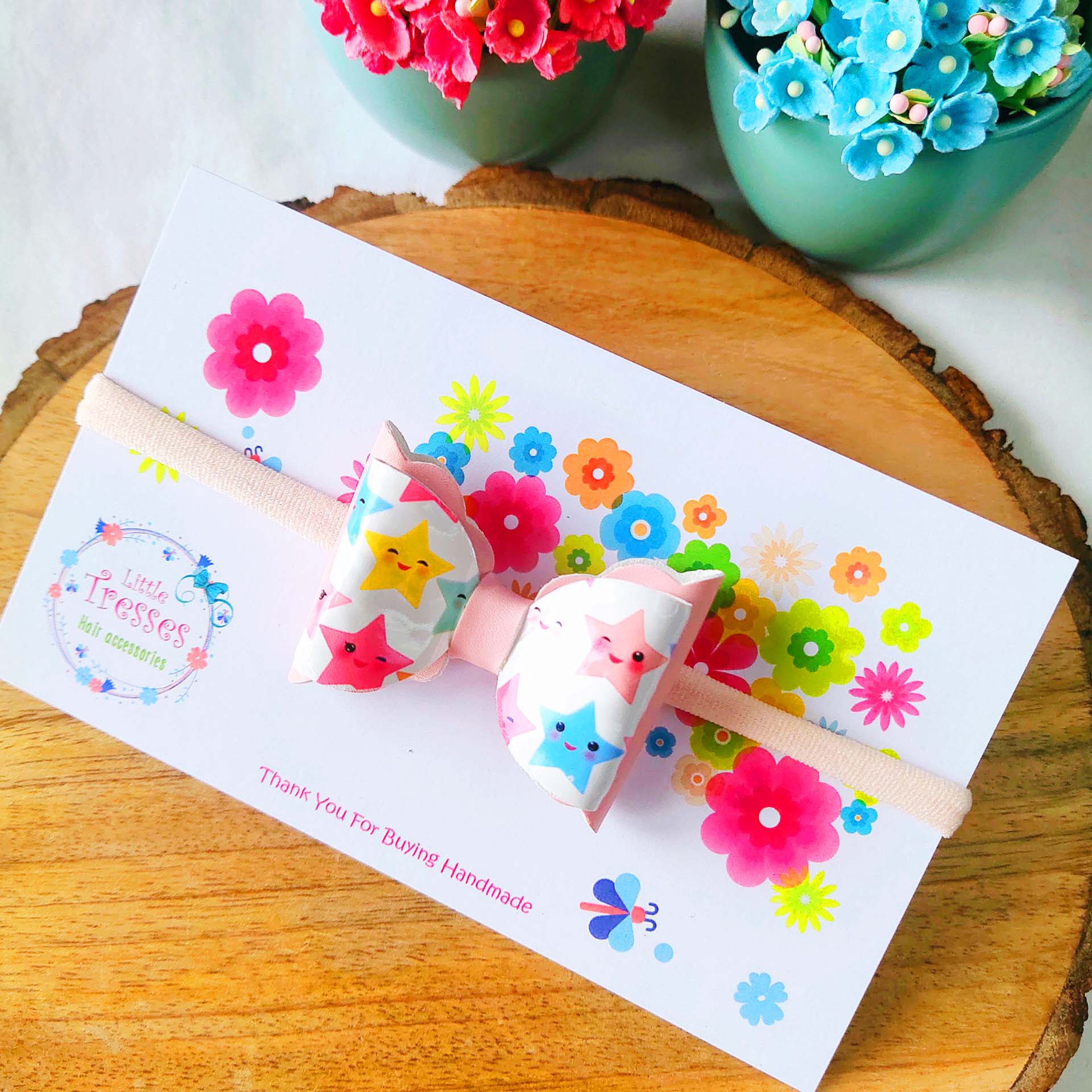 Double Layered Scalloped Bow Soft Headband - Light Pink Stars