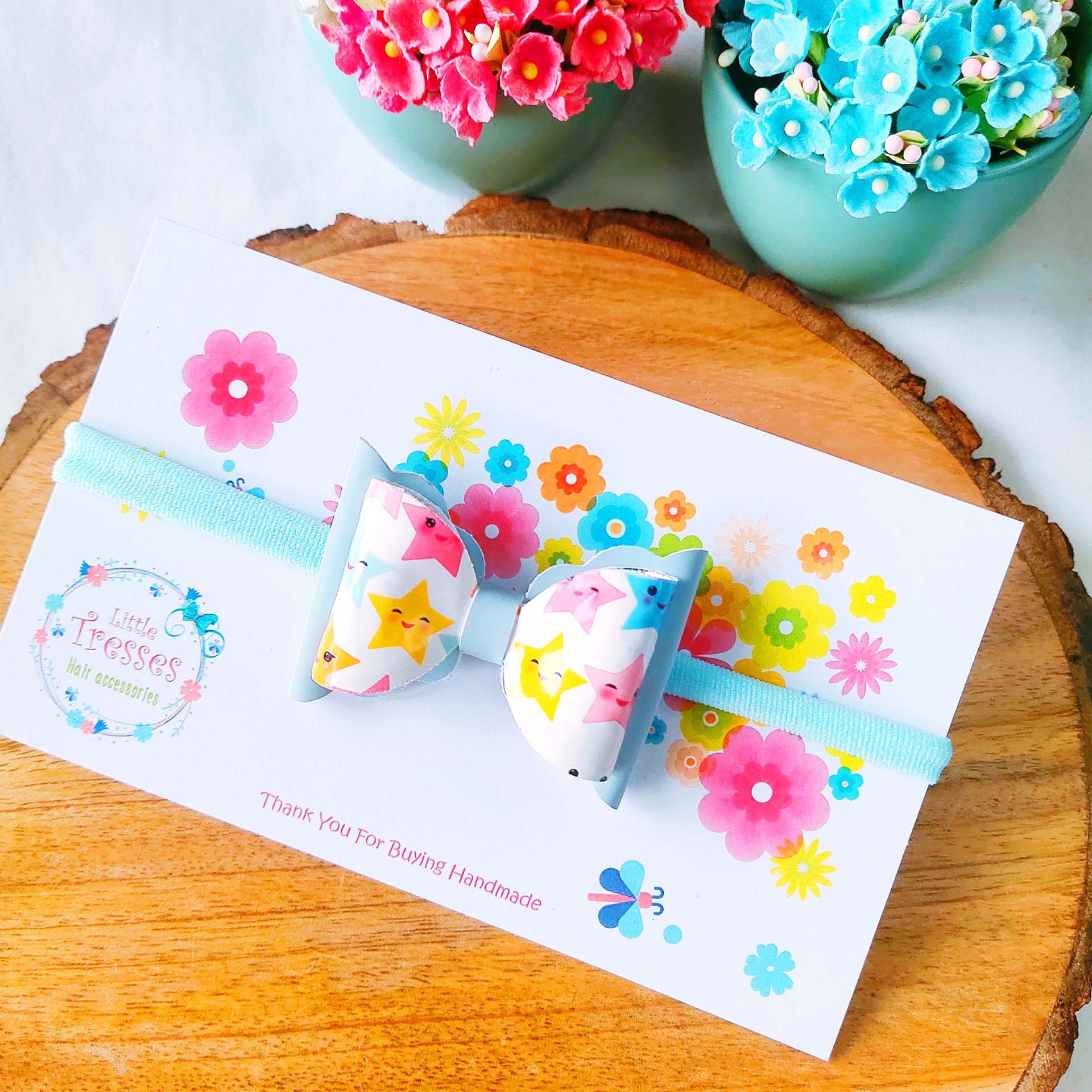 Double Layered Scalloped Bow Soft Headband - Blue Stars